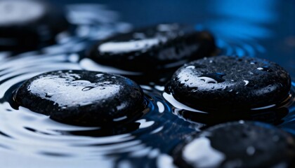 Serene Black Stone in Rippling Water with Droplets