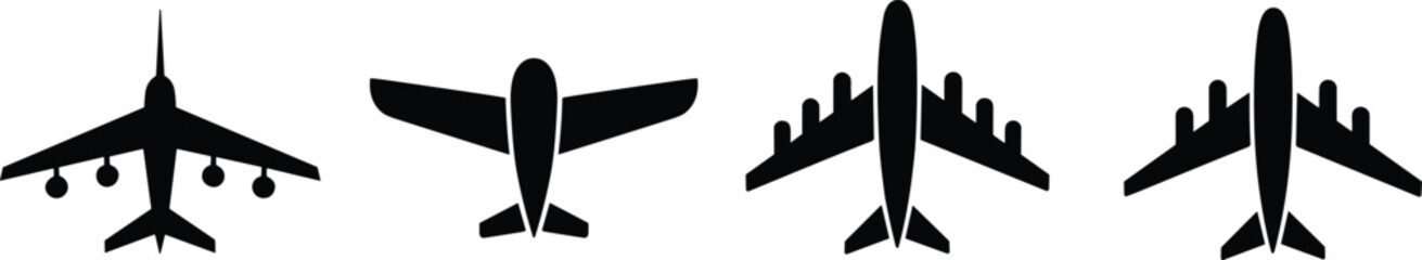 Airplane silhouette vector set, black aircraft clipart, top view plane design, aviation transport artwork, minimal flight shape, logo use, travel theme