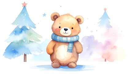 Cute Watercolor Teddy Bear Wearing a Blue Scarf in a Snowy Forest.