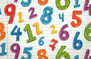 Hand drawn colorful numbers form a playful seamless pattern on lined notebook paper. This cheerful design is perfect for educational content and creative projects.