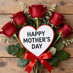 A beautiful bouquet of red roses with a heart-shaped happy mother's day card