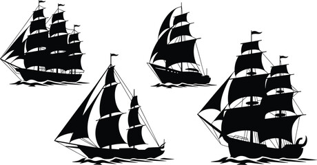 Sailing ship silhouette vector set, black ship clipart, vintage sailboat design, nautical vessel artwork, ocean transport shape, minimal illustration, logo use