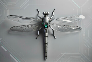 Robot dragonfly model on a gray background showcasing engineering and design details in a modern setting