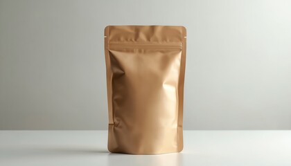 Blank golden brown foil food pouch stands on white table surface. Stand up bag with zipper closure is ready for custom branding and product packaging design mockups.