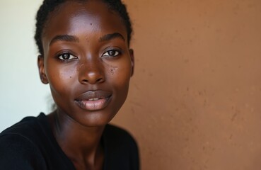 Young african american woman with dark spots on skin. She has textured complexion with hyperpigmentation. Face has small bumps and scars. Healthy portrait.