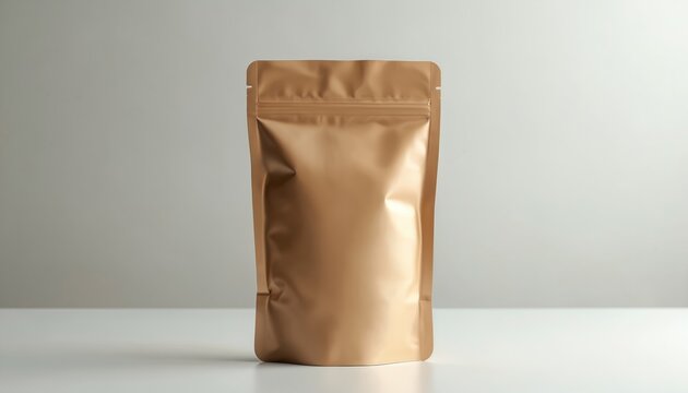 Blank golden brown foil food pouch stands on white table surface. Stand up bag with zipper closure is ready for custom branding and product packaging design mockups.