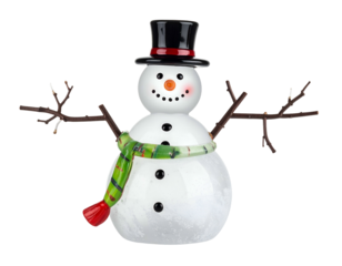 Festive snowman decoration with top hat, scarf, and twig arms