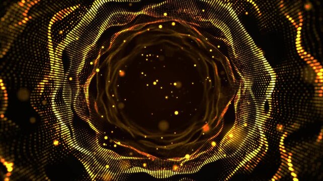 Golden glowing particle wave tunnel background, perfect for tech, data, network, and futuristic digital themes. Abstract background