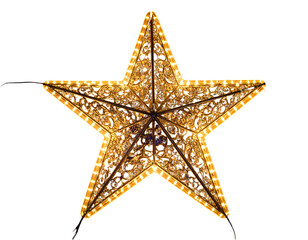 Illuminated golden filigree star with warm lights on black background