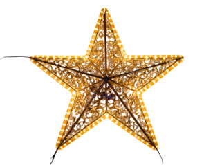 Illuminated golden filigree star with warm lights on black background