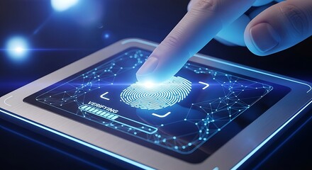 Fingerprint scanning on a futuristic digital tablet with glowing blue circuits and a finger pressing the screen
