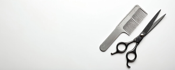 Professional metal comb and black hairdressing scissors are arranged on a clean white background, ready for use. Tools for creative styling, hair cutting, and precise grooming in any salon.