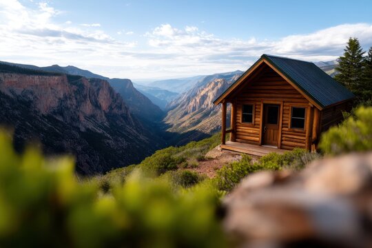 Solitude Emptiness Cabin concept. Scenic cabin overlooking a vast mountain landscape. - Powered by Adobe