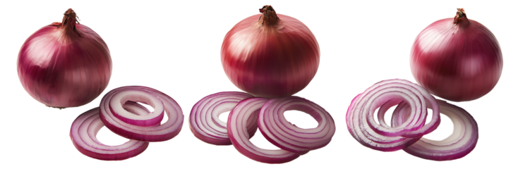Whole and halved sliced red onion isolated on white transparent background, concept of healthy eating