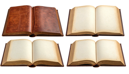 Four open books brown leather, blank, antique pages