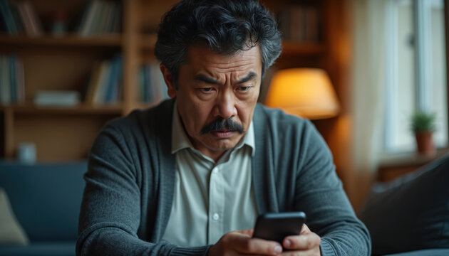 Asian man looks at phone with worried frown. He seems upset reading message on smartphone at home. Person receives bad news via mobile device. He has negative emotional reaction.