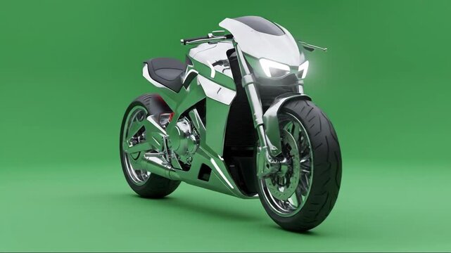 Sleek, modern sport motorcycle with chrome accents and glowing headlights, presented on a vibrant green background.