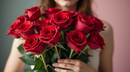 close-up bouquet of long-stemmed red roses with delicate petals and soft gentle curves held by a person with a warm gentle smile and delicate facial features, skin with a subtle golden glow,