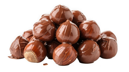 Chocolate covered hazelnuts stacked in a pyramid shape