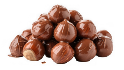 Chocolate covered hazelnuts stacked in a pyramid shape