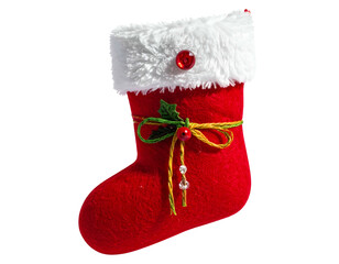 Festive red stocking with white trim, ribbon, berries, beads