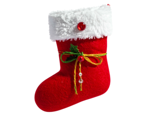 Festive red stocking with white trim, ribbon, berries, beads