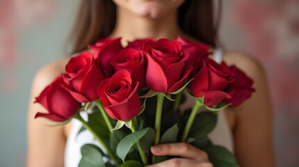 close-up bouquet of long-stemmed red roses with delicate petals and soft gentle curves held by a person with a warm gentle smile and delicate facial features, skin with a subtle golden glow,