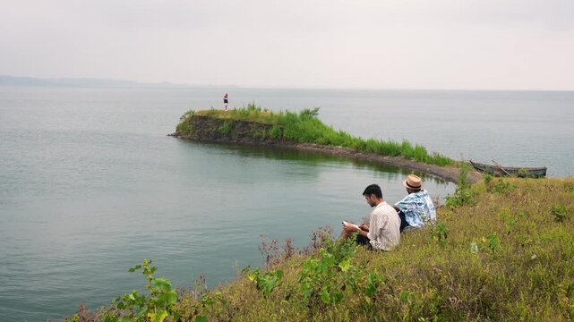 Aerial view of Goa, India, featuring Mobor, Betul, and Cavelossim Beach along the Arabian Sea with three friend.