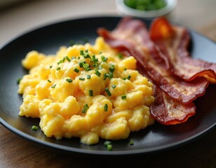 Fluffy scrambled eggs topped with fresh chives sit beside crispy bacon strips on a dark plate. Delicious high protein meal for breakfast or brunch. Keto and carnivore diet friendly.