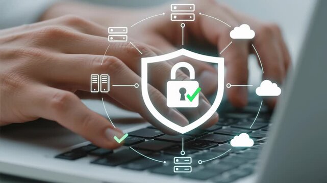 Secure cloud data protection network system vpn connection technology smart ai zero trust secure shield padlock laptop keyboard ensuring business and user trust