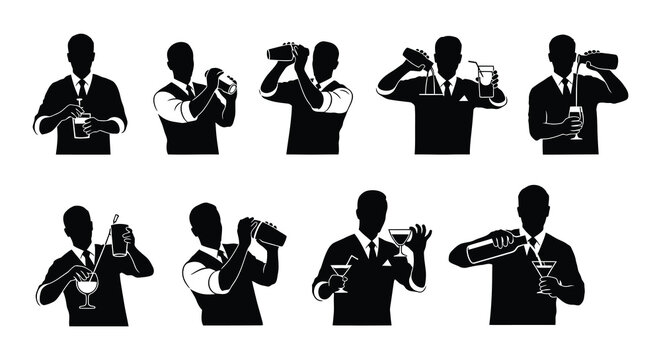 Black silhouette illustrations depicting a bartender preparing various cocktails and drinks