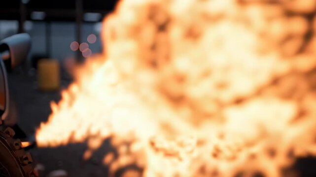 A hot rod car revs up and releases flames from the exhaust as it sits in a garage area. This event takes place in the late afternoon. The sound of the engine is loud