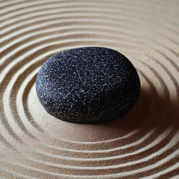 Dark speckled oval stone rests on light sand with intricate concentric raked patterns, creating shadows and depth