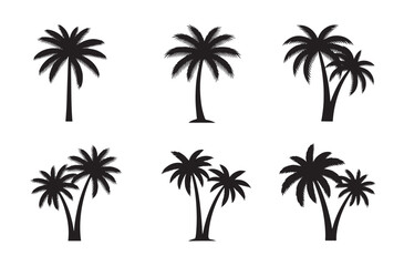 Fototapeta premium Coconut Tree Silhouette Icon Sheet – Palm Tree, Tropical Nature, and Beach Travel Vector Set