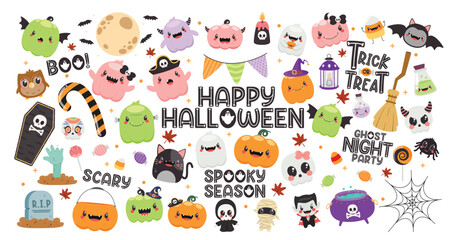 Happy Halloween elements clipart set. Happy Halloween greeting with cute and spooky character clip art collection for ghost night party decoration in funny and scary cartoon character vector 
