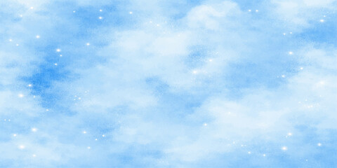 Obraz premium An abstract blue winter background features white fluffy snowflakes drifting through a beautiful clear sky with natural cumulus clouds and light airy textures