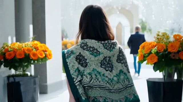 A woman wearing a patterned floral scarf walks indoors, surrounded by bright natural light and orange flower decorations. The scene feels serene. 4k Video footage.