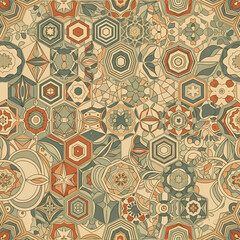 Seamless Moroccan mosaic pattern &mdash; vintage geometric floral tiles in terracotta and sage on cream
