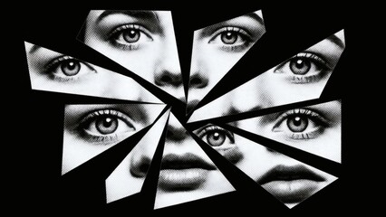 Fractured Mirror Halftone Face Collage Set, Surreal Glass Shard and Portrait Art Elements Vector