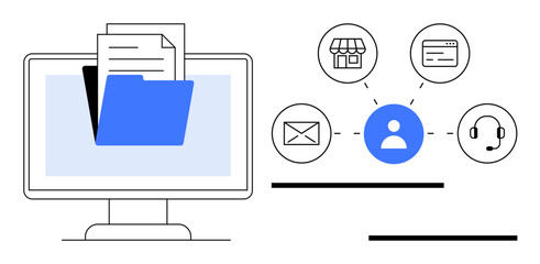 Computer monitor with folder and files, user icon connected to email, store, web, and support icons. Ideal for document management, communication, networking, CRM collaboration business systems