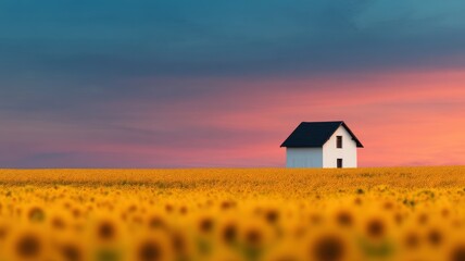 Solitude Emptiness Cabin concept. House among vibrant sunflowers under a colorful sky.