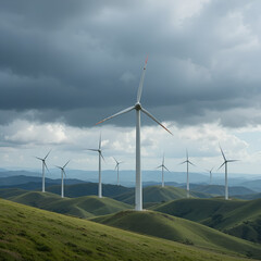 A serene landscape of wind turbines standing tall on rolling green hills under a dramatic cloudy sky