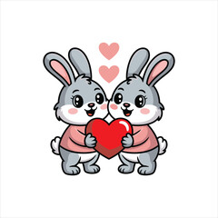 Fototapeta premium Cute Bunny Couple Holding Heart Valentine Cartoon Illustration