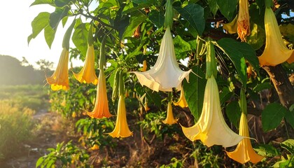 Angels Trumpet Flowers Blooming in Golden Sunlight.