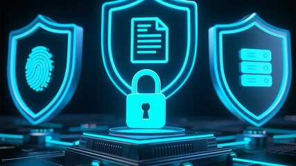 Secure padlock shield document fingerprint server circuit board neon hologram cybersecurity zero trust security cloud data protection network system vpn connection technology smart business ai - Powered by Adobe