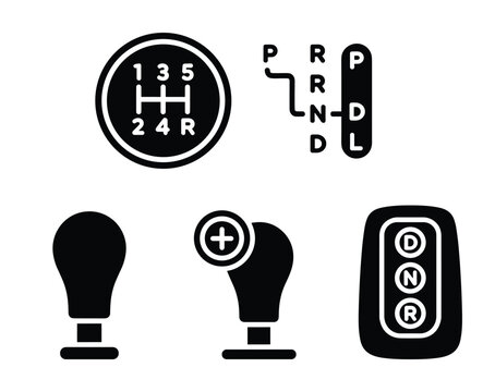 A collection of gear shift icons. Illustrates manual and automatic transmissions for automotive projects.