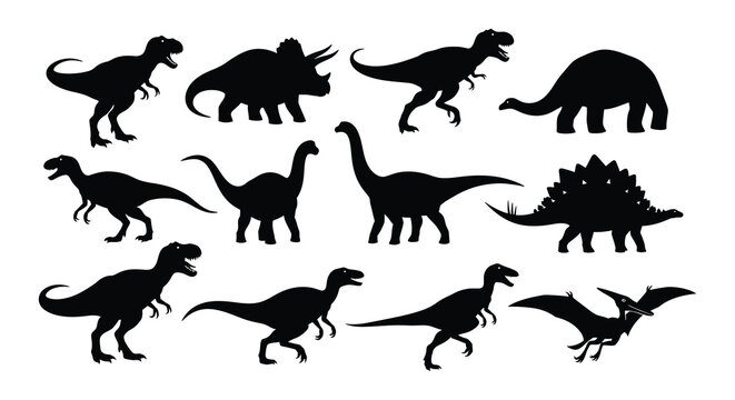 Silhouettes of various prehistoric dinosaurs including tyrannosaurus rex and pterodactyl