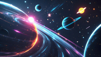 Colorful Cosmic Space Scene with Planets, Galaxies and Distant Stars