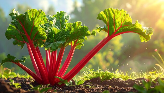 Vibrant Rhubarb Stalks Growing in a Sunlit Garden.