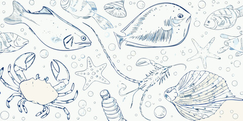 A delicate sketch of marine life fish crab seahorse and other sea creatures © Raju
